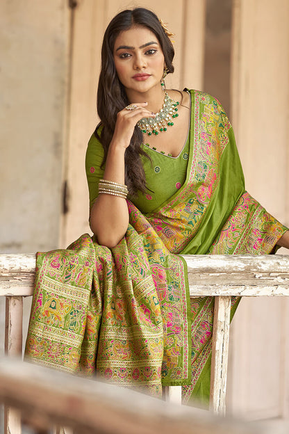 Surreptitious Green Pashmina Saree With Inspiring Blouse Piece