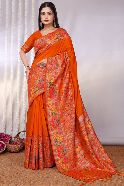 Vibrant Orange Pashmina Saree With Panache Blouse Piece
