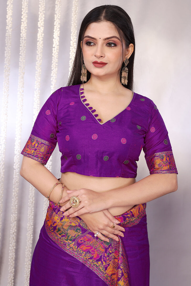 Pretty Purple Pashmina Saree With Nebula Blouse Piece