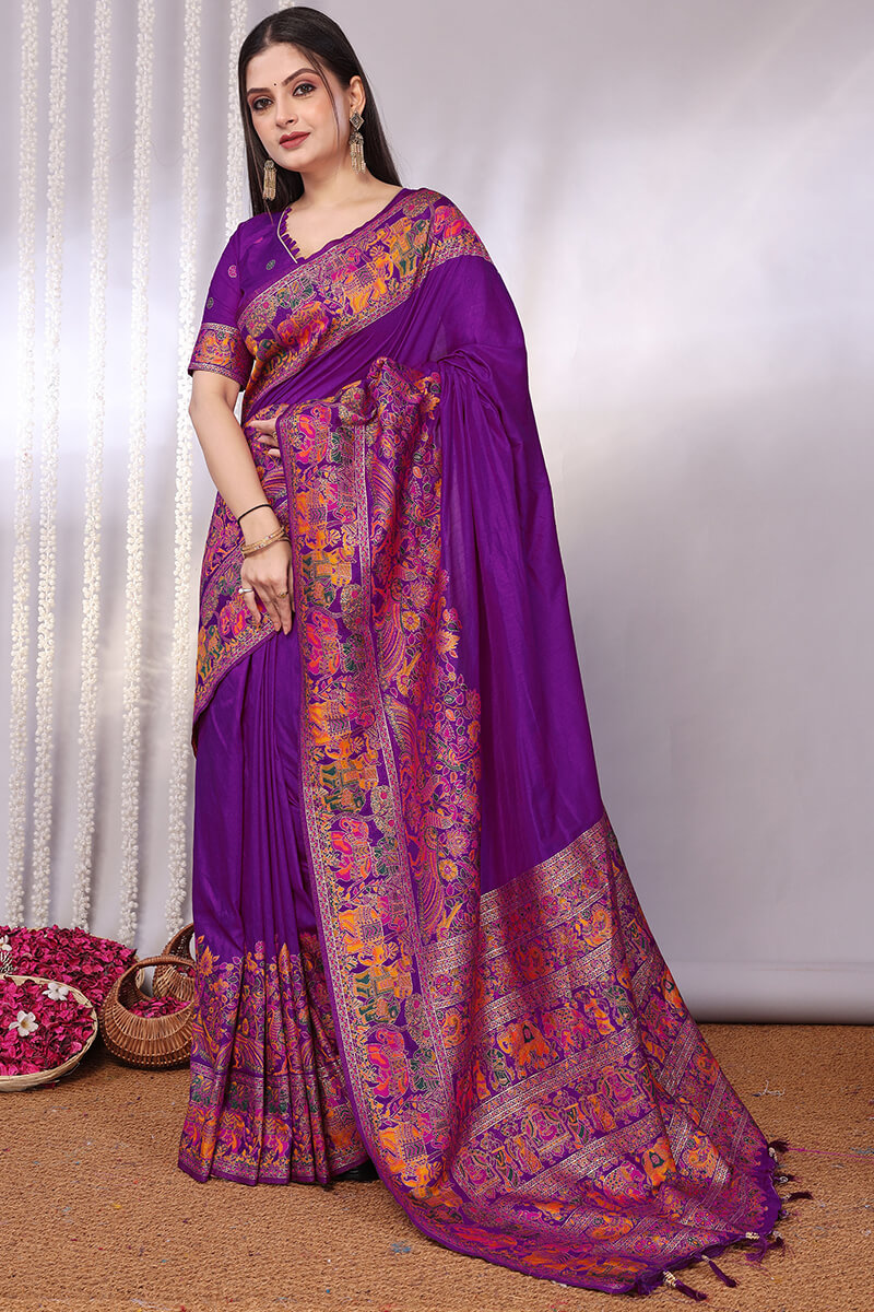 Pretty Purple Pashmina Saree With Nebula Blouse Piece
