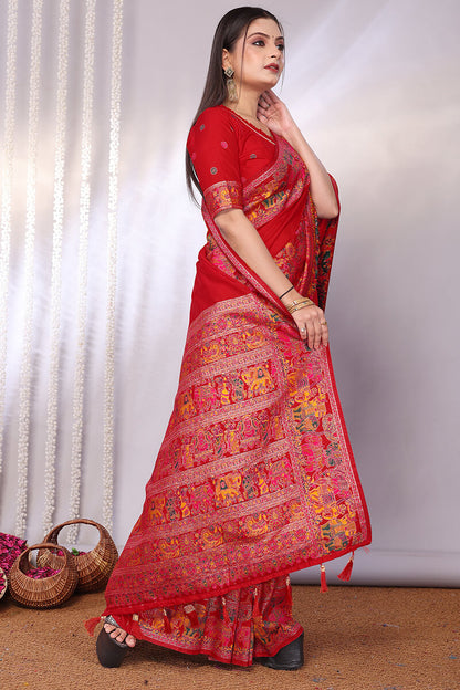 Dazzling Red Pashmina Saree With Fugacious Blouse Piece