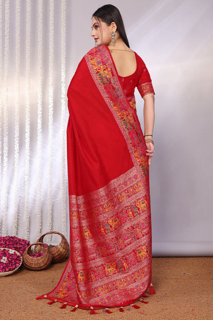 Dazzling Red Pashmina Saree With Fugacious Blouse Piece