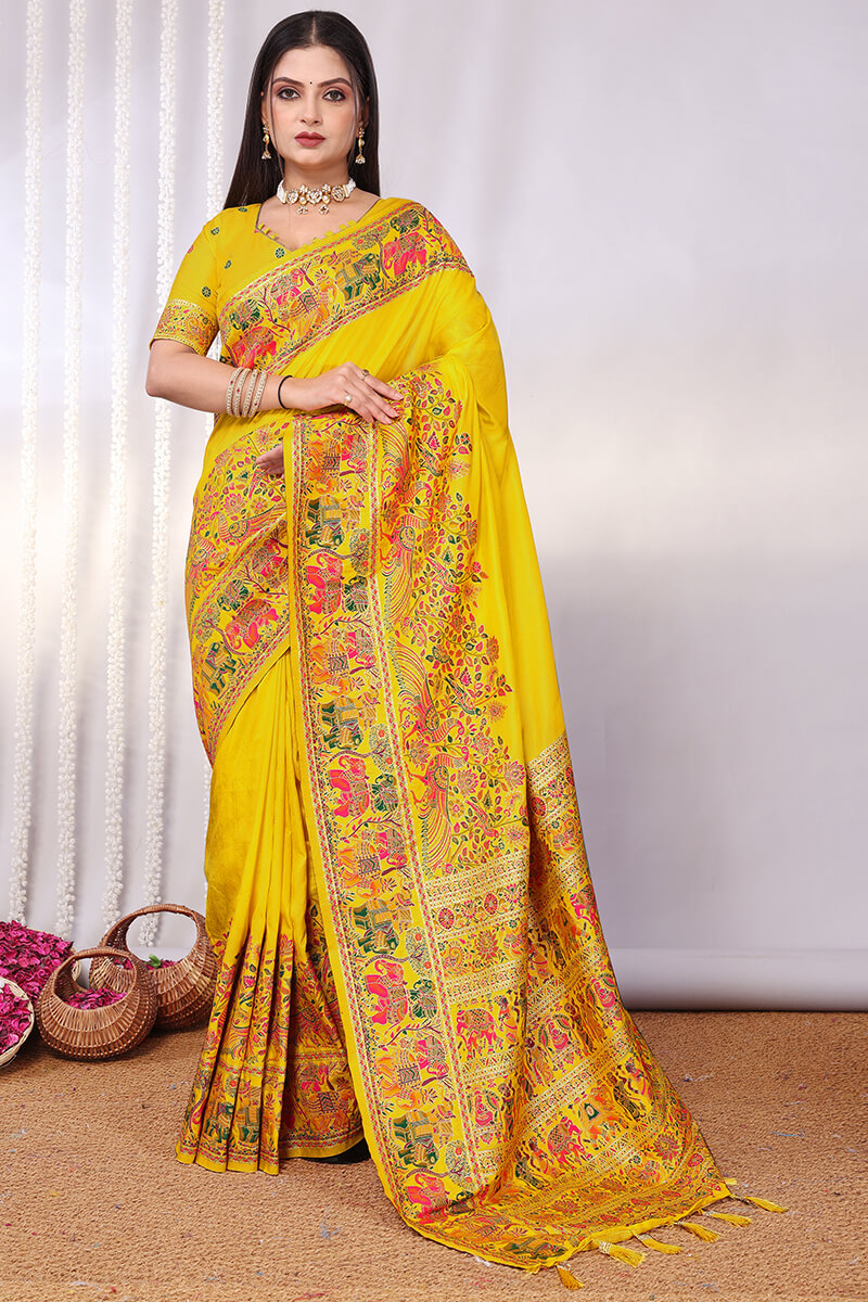 Angelic Yellow Pashmina Saree With Smashing Blouse Piece