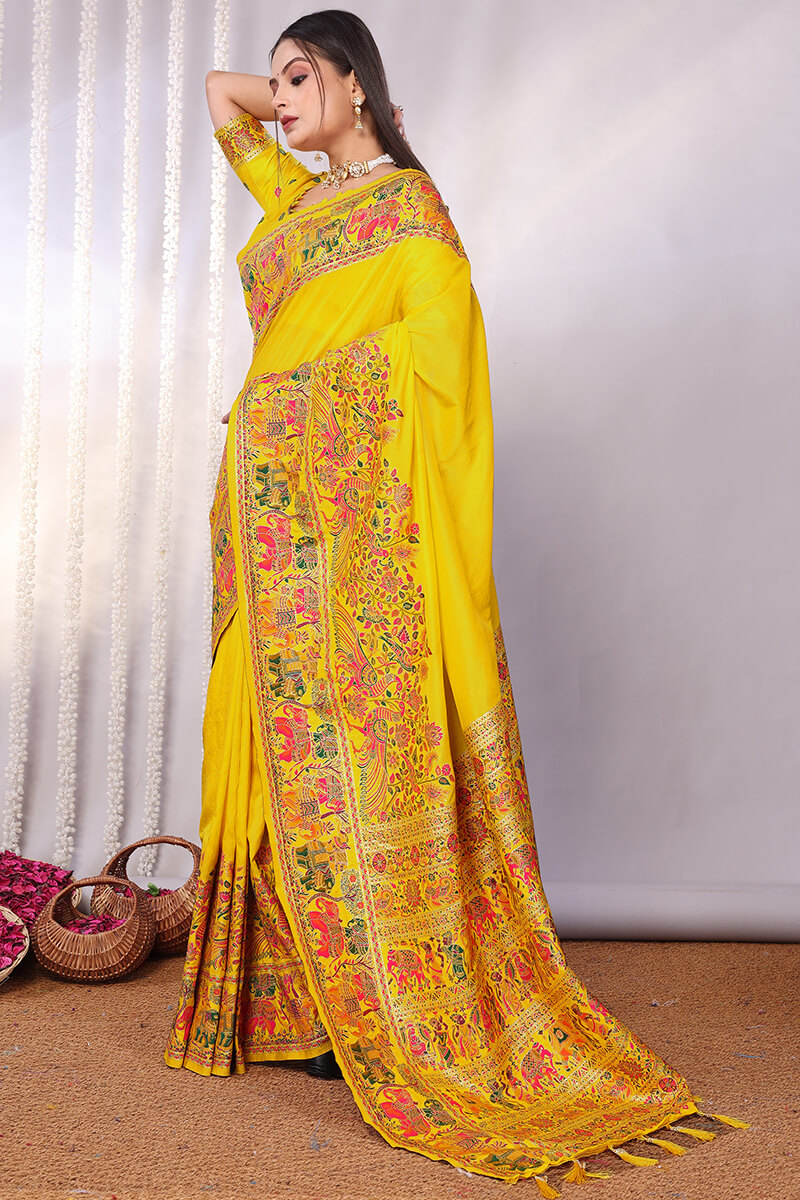 Angelic Yellow Pashmina Saree With Smashing Blouse Piece