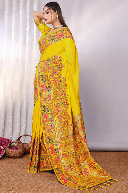 Angelic Yellow Pashmina Saree With Smashing Blouse Piece