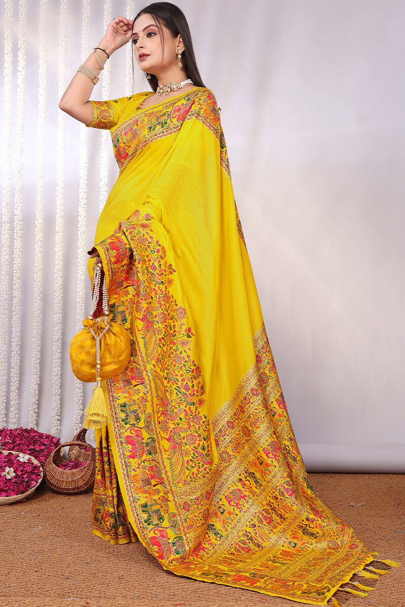 Angelic Yellow Pashmina Saree With Smashing Blouse Piece