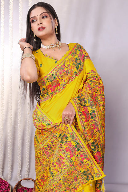 Angelic Yellow Pashmina Saree With Smashing Blouse Piece