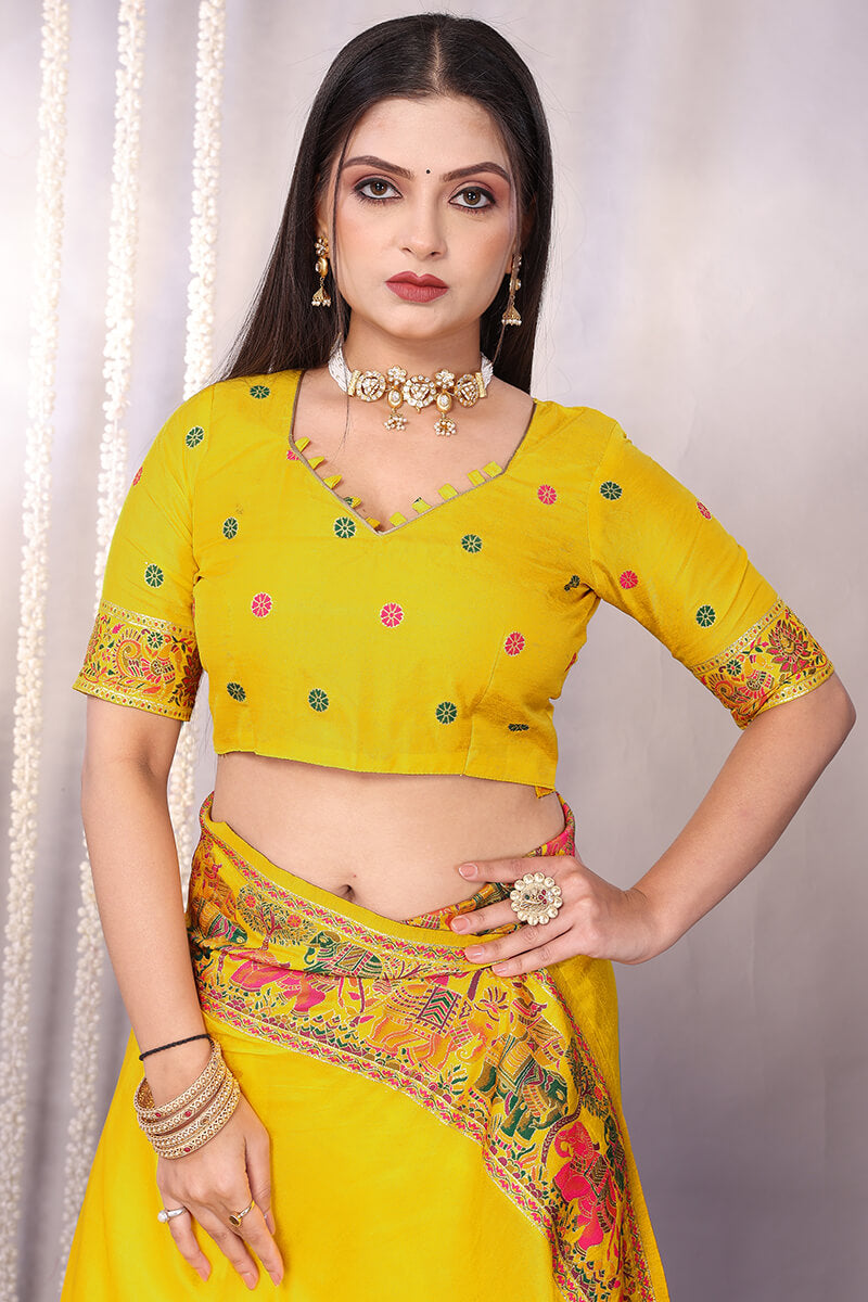 Angelic Yellow Pashmina Saree With Smashing Blouse Piece