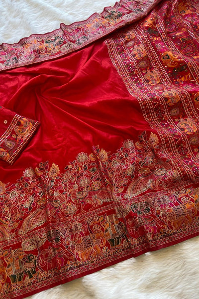 Tempting Red Pashmina Saree With Elaborate Blouse Piece