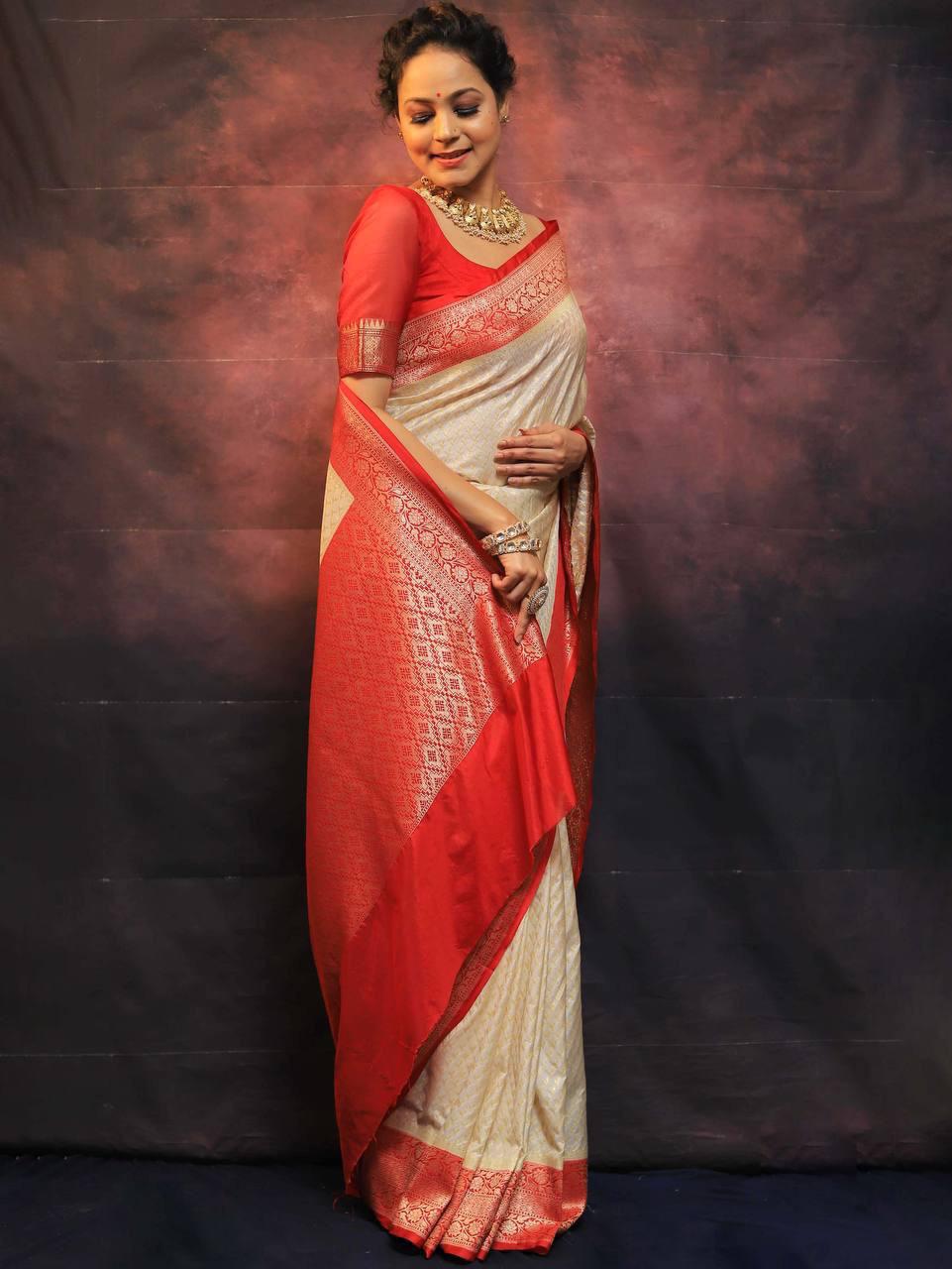 Precious Beige Soft Silk Saree With Charming Blouse Piece