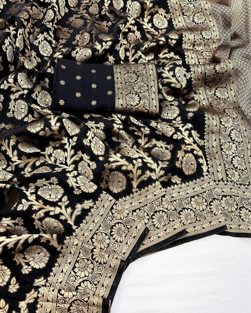 Marvellous Black Soft Banarasi Silk Saree With Extraordinary Blouse Piece