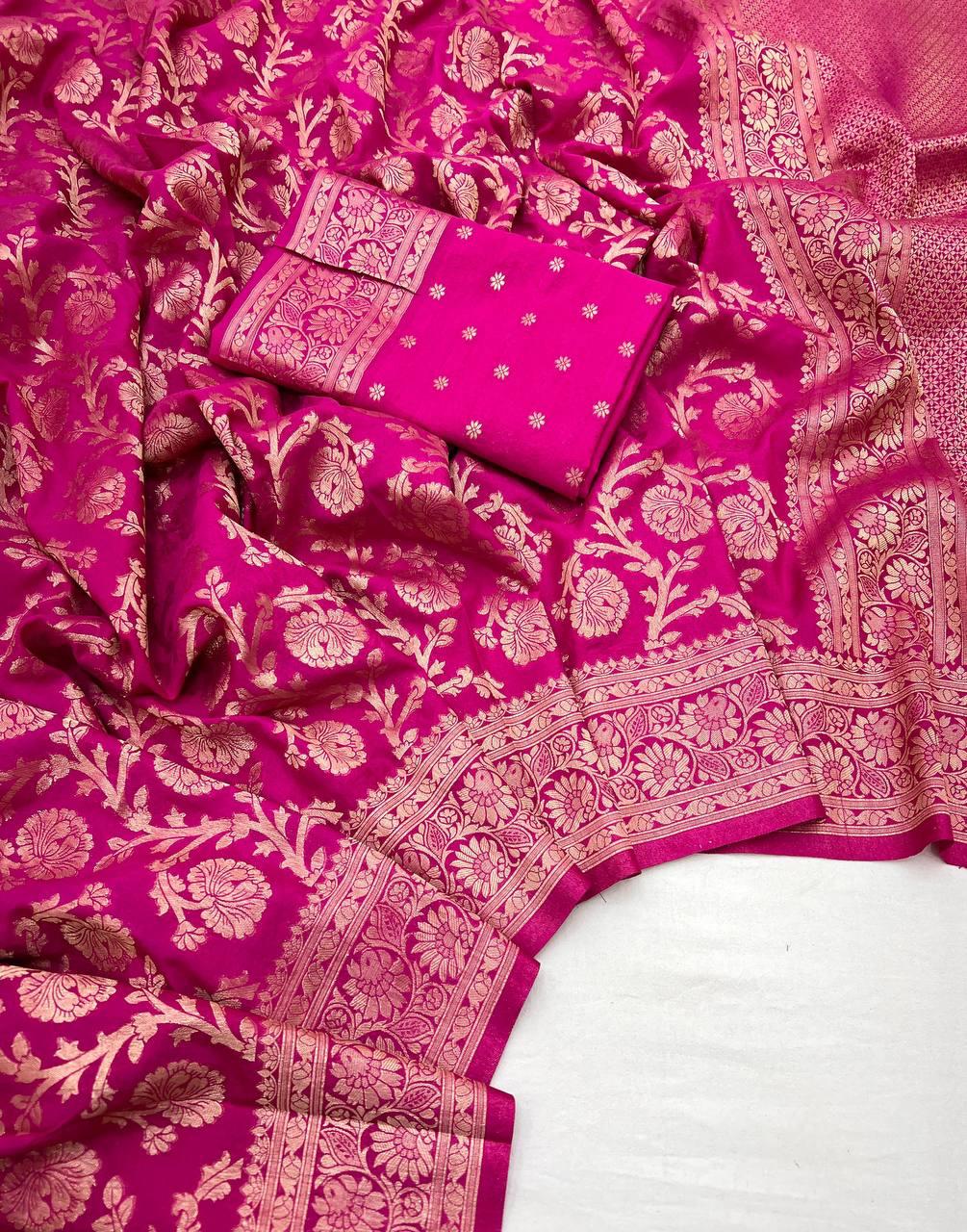 Gorgeous Dark Pink Soft Banarasi Silk Saree With Phenomenal Blouse Piece