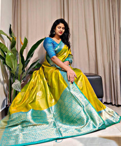 Bewitching Mustard Soft Banarasi Silk Saree With Dalliance Blouse Piece