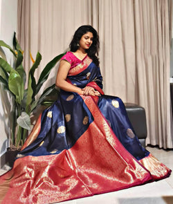 Gossamer Navy Blue Soft Banarasi Silk Saree With Propinquity Blouse Piece