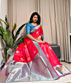 Enigmatic Red Soft Banarasi Silk Saree With Opulent Blouse Piece