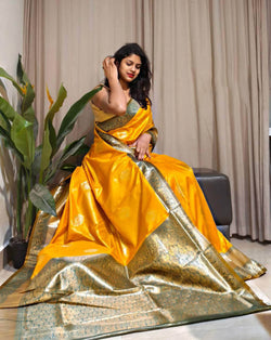 Ephemeral Yellow Soft Banarasi Silk Saree With Verdant Blouse Piece