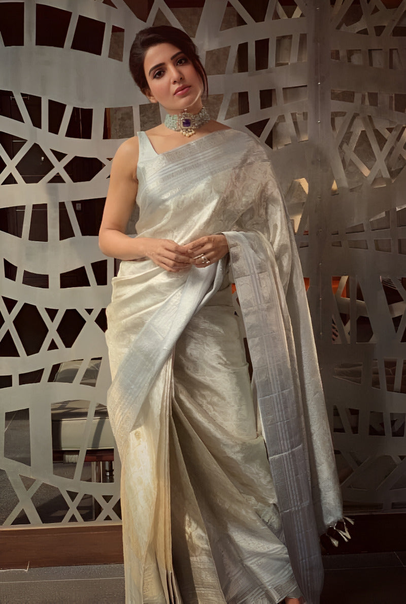 Bollywood Style Silver Soft Tissue Silk Saree With Winsome Blouse Piece