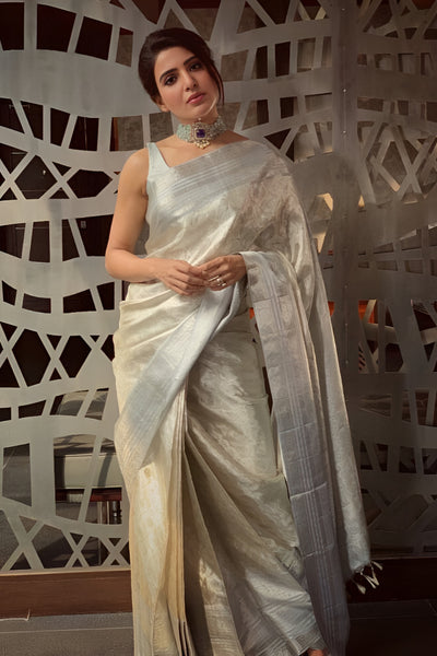 Bollywood Style Silver Soft Tissue Silk Saree With Winsome Blouse Piece