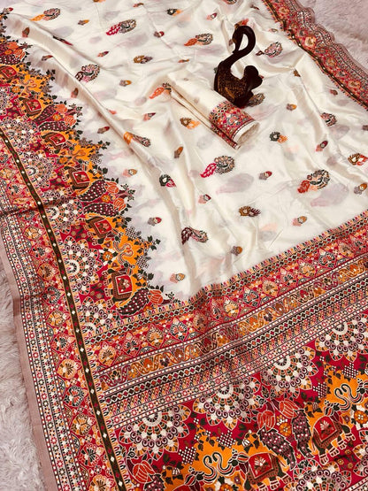 Glamorous Beige Pashmina Saree With Pulsating Blouse Piece