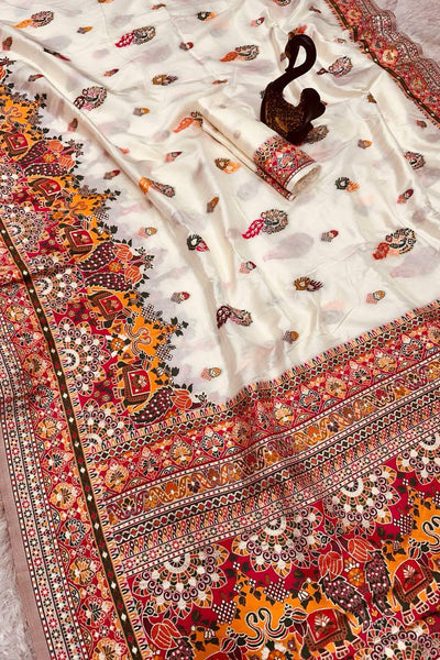 Glamorous Beige Pashmina Saree With Pulsating Blouse Piece