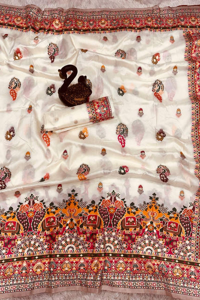 Glamorous Beige Pashmina Saree With Pulsating Blouse Piece