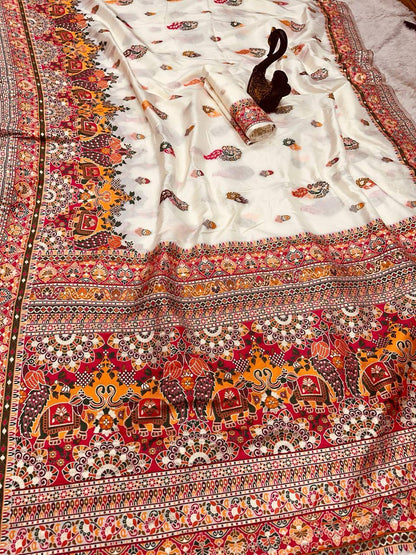 Glamorous Beige Pashmina Saree With Pulsating Blouse Piece