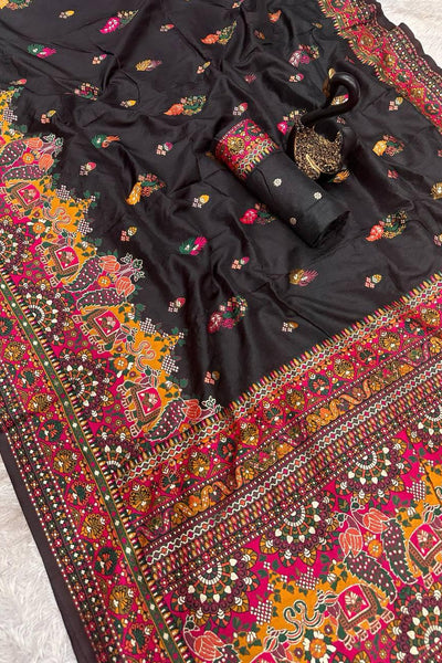 Adorning Black Pashmina Saree With Brood Blouse Piece