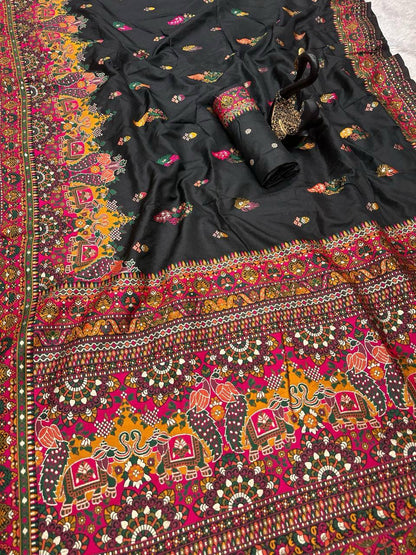 Adorning Black Pashmina Saree With Brood Blouse Piece