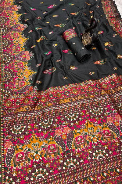 Adorning Black Pashmina Saree With Brood Blouse Piece
