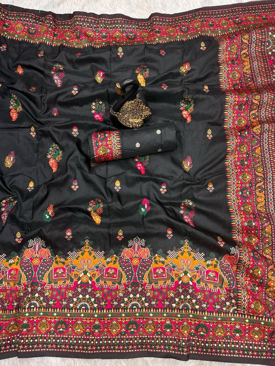 Adorning Black Pashmina Saree With Brood Blouse Piece