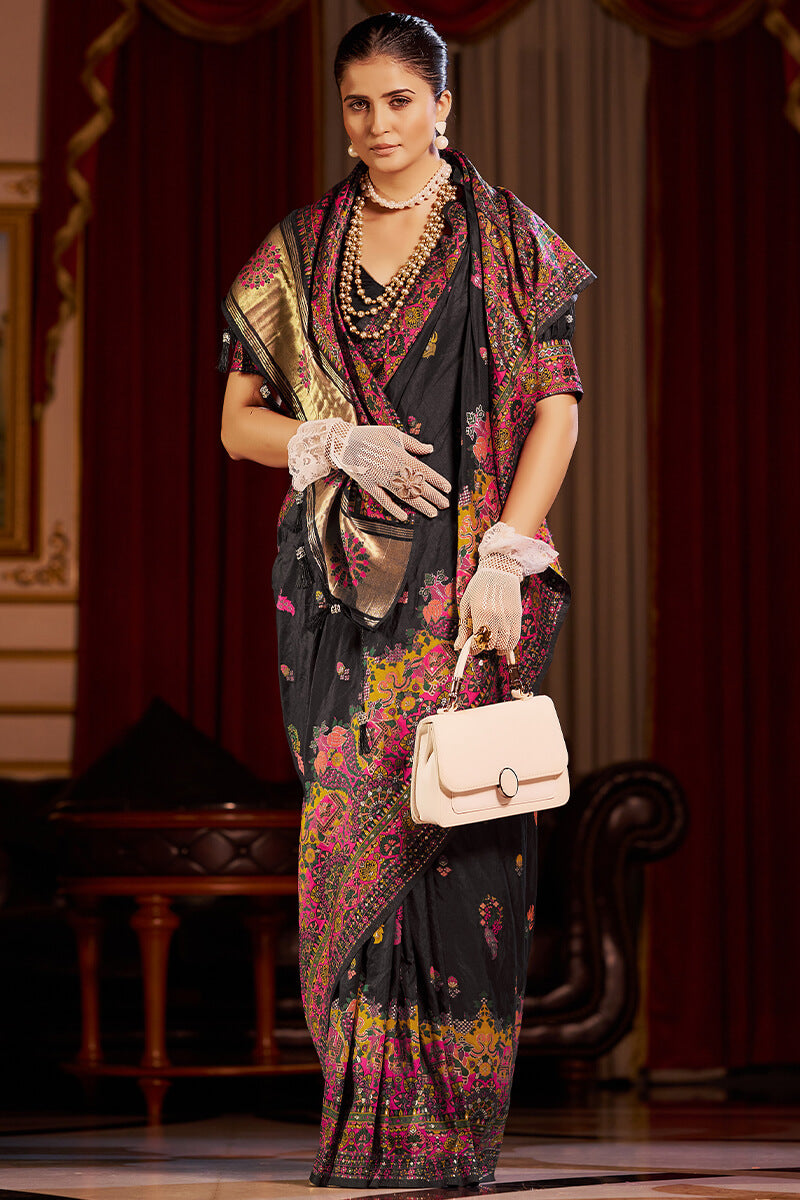 Eclat Black Pashmina Saree With Deserving Blouse Piece