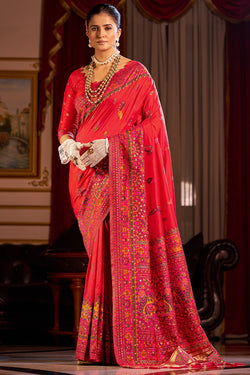 Piquant Red Pashmina Saree With Bucolic Blouse Piece