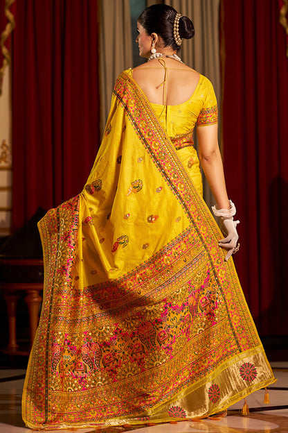 Exceptional Yellow Pashmina Saree With Pleasurable Blouse Piece