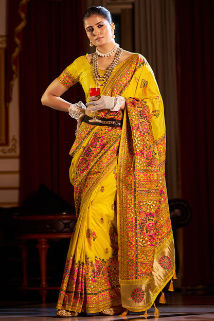 Exceptional Yellow Pashmina Saree With Pleasurable Blouse Piece