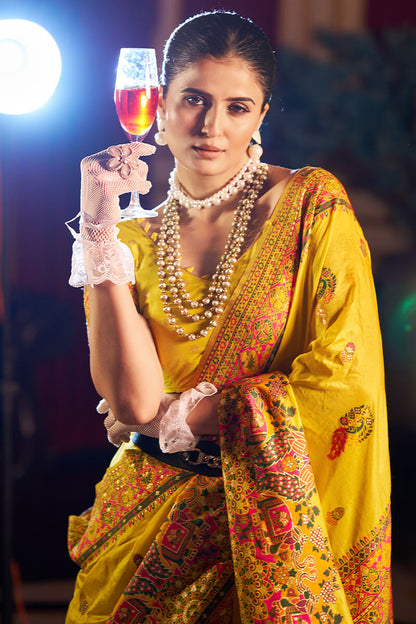Exceptional Yellow Pashmina Saree With Pleasurable Blouse Piece