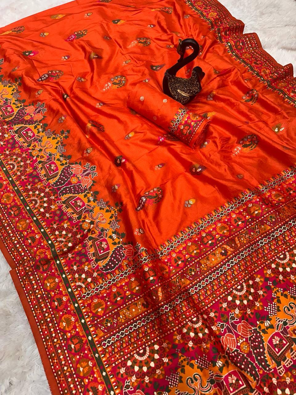 Attractive Orange Pashmina Saree With Sumptuous Blouse Piece