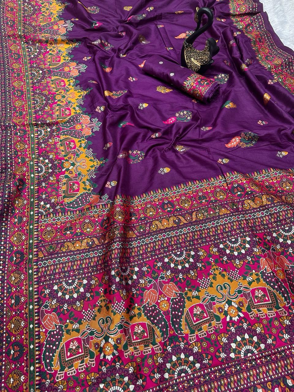 Entrancing Purple Pashmina Saree With Beleaguer Blouse Piece