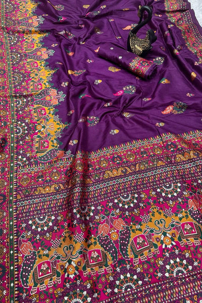 Entrancing Purple Pashmina Saree With Beleaguer Blouse Piece