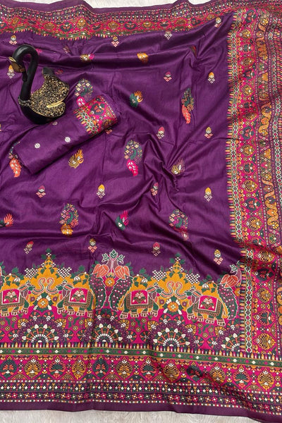Entrancing Purple Pashmina Saree With Beleaguer Blouse Piece