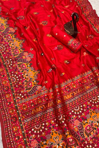 Outstanding Red Pashmina Saree With Majesty Blouse Piece