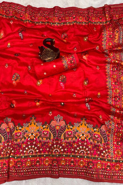 Outstanding Red Pashmina Saree With Majesty Blouse Piece