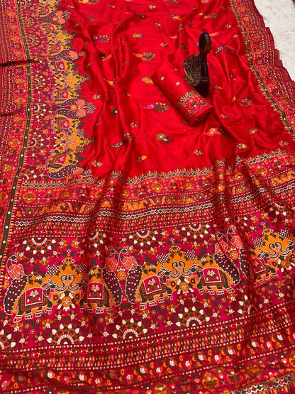 Outstanding Red Pashmina Saree With Majesty Blouse Piece