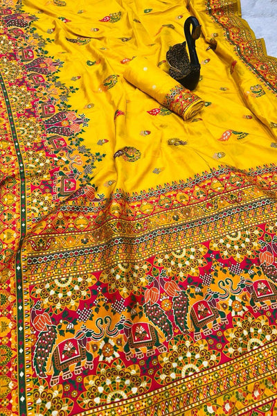 Ethereal Yellow Pashmina Saree With Innovative Blouse Piece