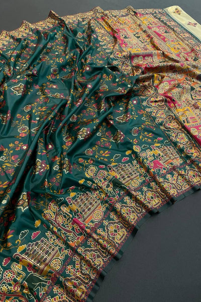 Sonorous Dark Green Pashmina Saree With Flaunt Blouse Piece