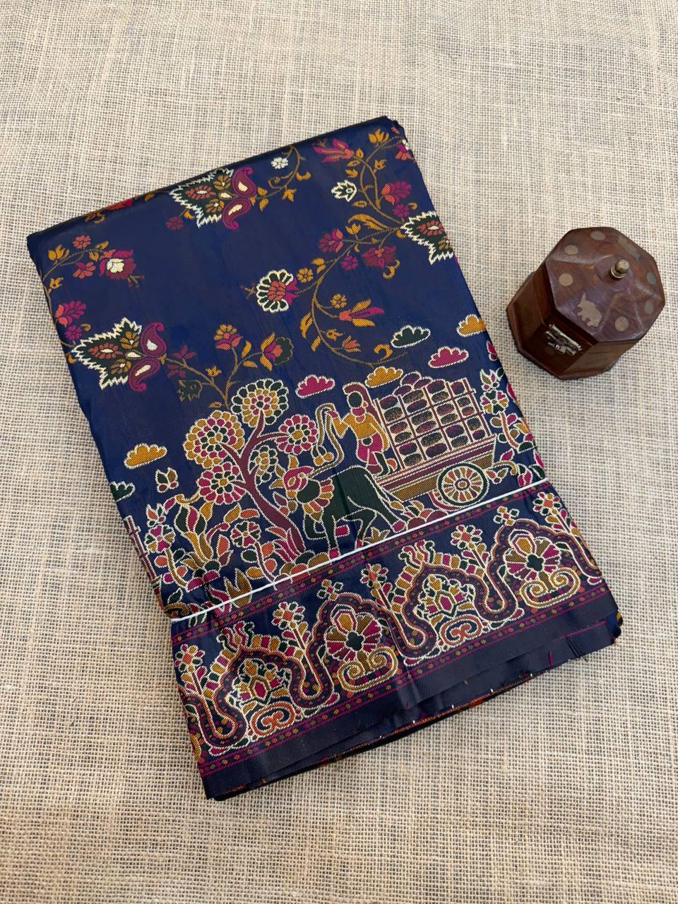 Proficient Navy Blue Pashmina Saree With Stunner Blouse Piece