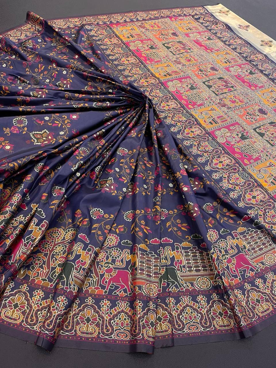 Proficient Navy Blue Pashmina Saree With Stunner Blouse Piece