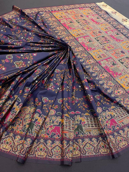 Proficient Navy Blue Pashmina Saree With Stunner Blouse Piece