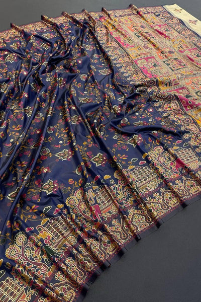 Proficient Navy Blue Pashmina Saree With Stunner Blouse Piece