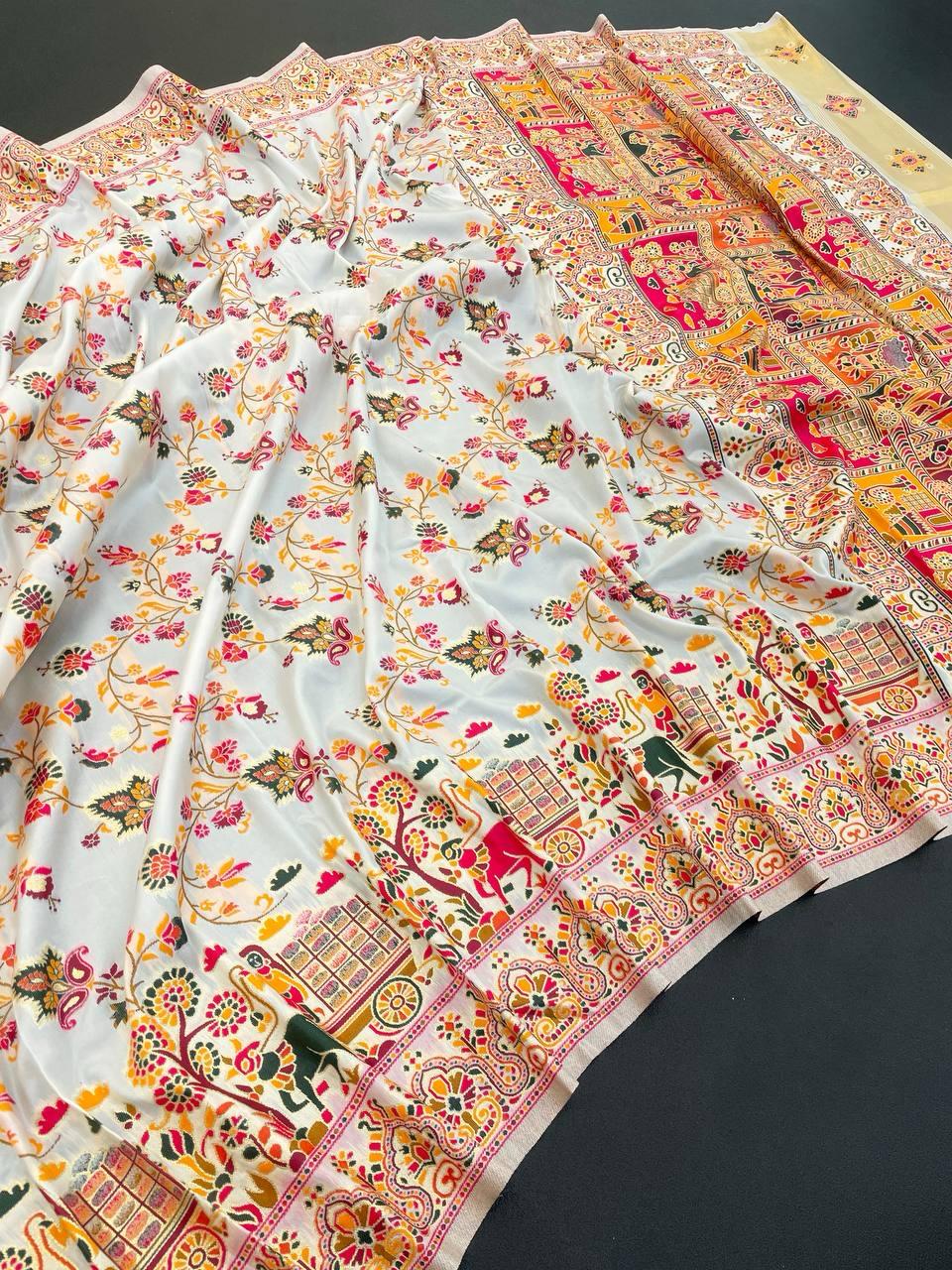 Charismatic Off White Pashmina Saree With Majestic Blouse Piece