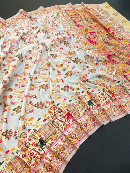 Charismatic Off White Pashmina Saree With Majestic Blouse Piece